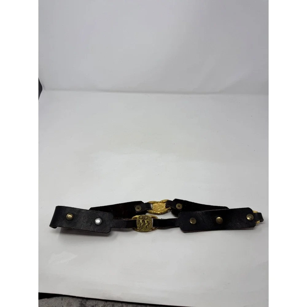 Vintage Dark Brown Leather Cherub Belt Gold Tone Angel Medallion Baroque 32.5in